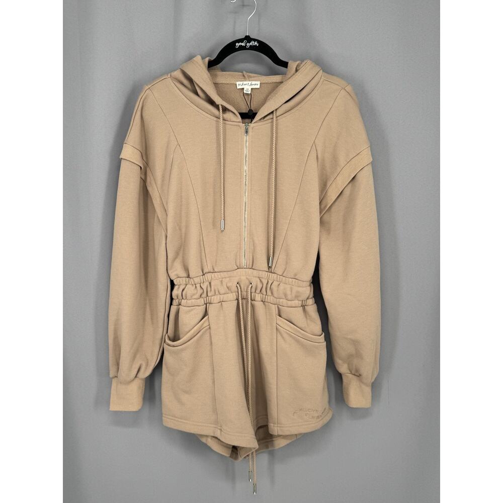 For Love & Lemons Romper Womens XS Beige Hooded Zip Front Lounge One Piece
